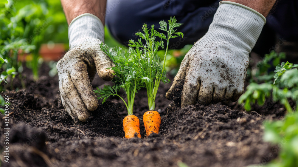 Fototapeta premium Gardening scene: hands planting young carrots in rich soil.