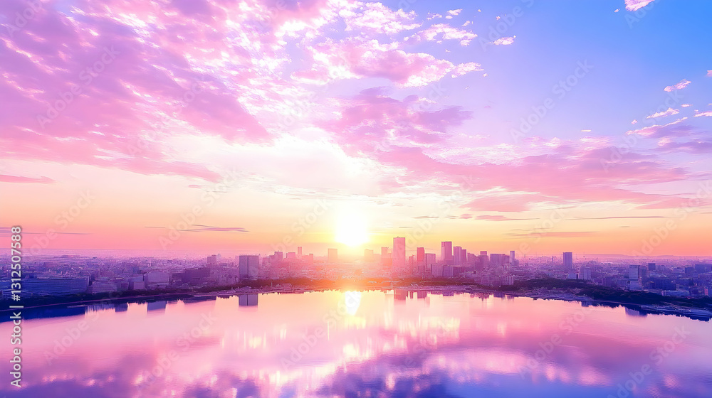 Fototapeta premium Pink And Purple Sunset Over City Reflection