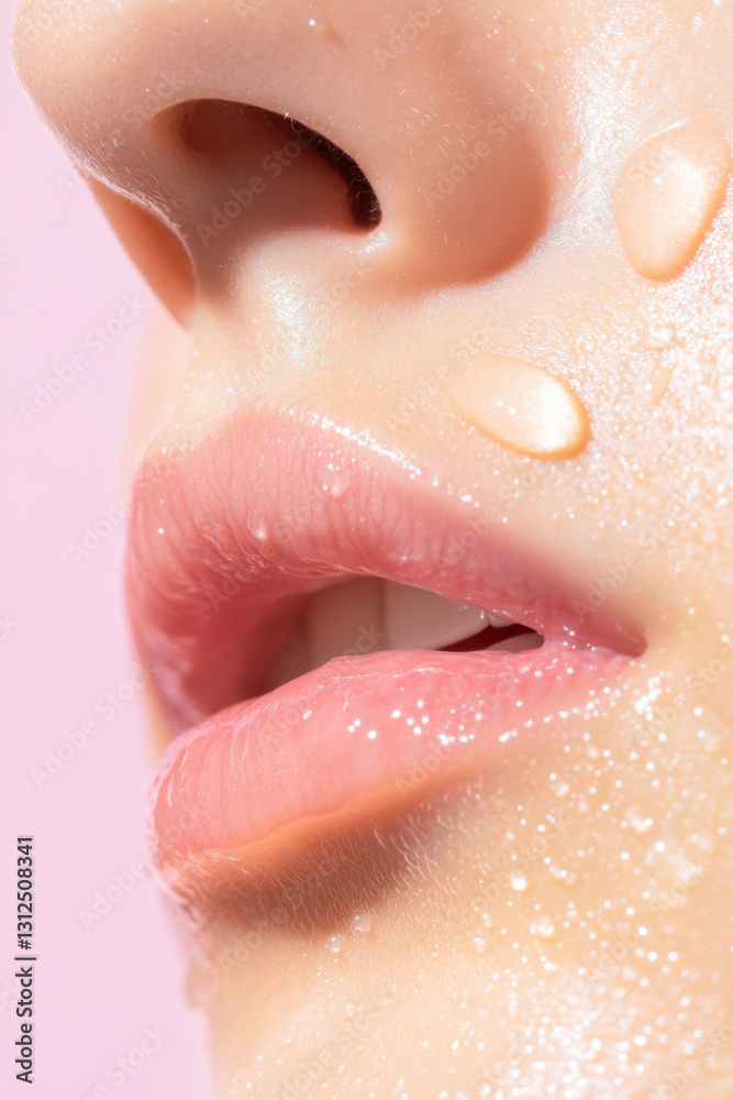 Fototapeta premium close up of hydrated cheek and lips with water droplets on smooth skin, highlighting freshness and skincare
