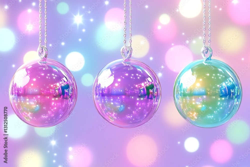 Obraz premium Iridescent Ornaments on Delicate Chains Against a Dreamy Bokeh Backdrop