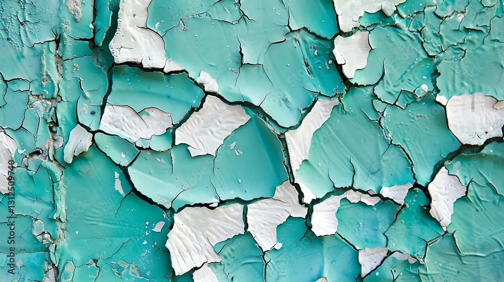 Obraz premium A background with a cracked, peeling paint texture in shades of turquoise and white.