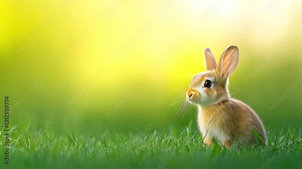 Fototapeta premium Cute Brown Rabbit in Green Grass Under Bright Sunshine