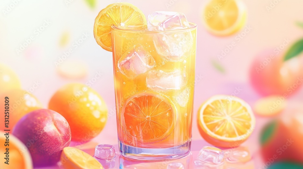 Refreshing Citrus Drink with Ice Cubes and Vibrant Oranges Against a Soft Pastel Background Refreshing Citrus Drink with Ice Cubes and Vibrant Oranges Against a Soft Pastel Background