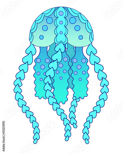 Jellyfish - marine invertebrate animal - vector full color picture. Cartoon jellyfish Blue-green - an inhabitant of the underwater world. Big Jellyfish with long tentacles	