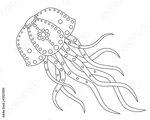 Jellyfish floats - linear vector illustration for coloring. Outline. Jellyfish - an element for coloring antistress on a marine and summer theme. Hand drawing of an underwater animal.	