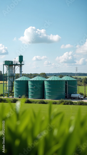 rural countryside features biogas plant surrounded green biofuel production tanks equipment visible