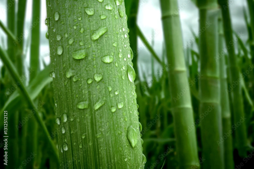 Obraz premium Fresh green plant stems glisten with water droplets in a garden setting at dawn, showcasing the beauty of nature after a refreshing rain