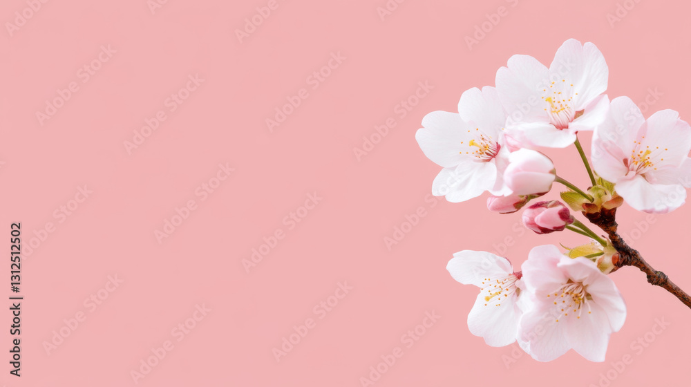 Fototapeta premium Soft pink cherry blossoms on branch against pastel pink background, perfect for text space