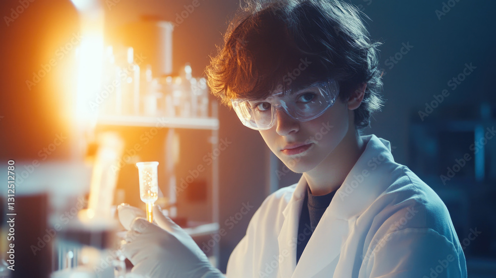 Young caucasian male teen conducting experiment in laboratory Young caucasian male teen conducting experiment in laboratory