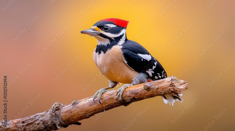 Fototapeta premium Woodpecker perched on branch, autumnal background