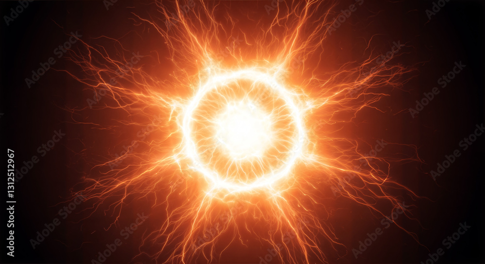 A vibrant, fiery explosion with intense orange and yellow hues, radiating energy and light against a dark background.
