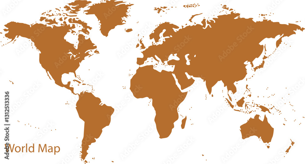 Obraz premium world map, simplified continents, orange silhouettes, white background, global view, cartography, flat design, minimalist geography, earth outline, continental shapes, planet visualization