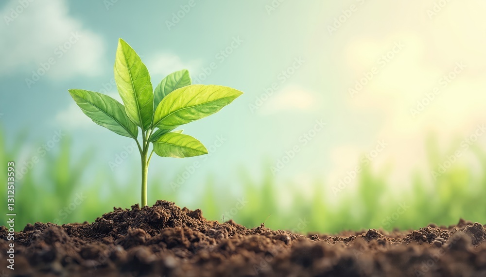 Obraz premium Watercolor illustration of vibrant green sprout growing out of soil against cloudy sky. Nature growth, plant germinating, organic earth. Promote freshness, health, nurture, eco awareness concepts.