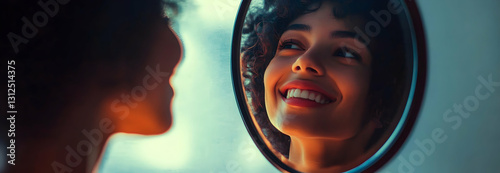 Person smiling at their reflection in a mirror
