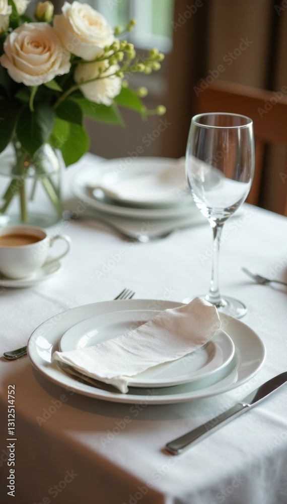 Elegant white tablecloth, fine china, silverware, crystal glasses, stylish, glassware, napkin Elegant white tablecloth, fine china, silverware, crystal glasses, stylish, glassware, napkin