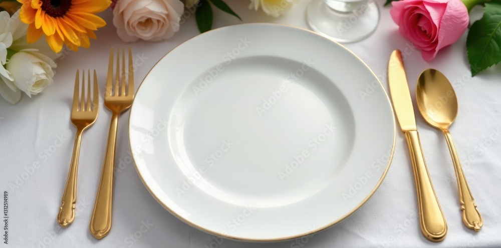 Gleaming gold flatware, pristine white tablecloth, floral centerpiece, luxury lifestyle, candles Gleaming gold flatware, pristine white tablecloth, floral centerpiece, luxury lifestyle, candles