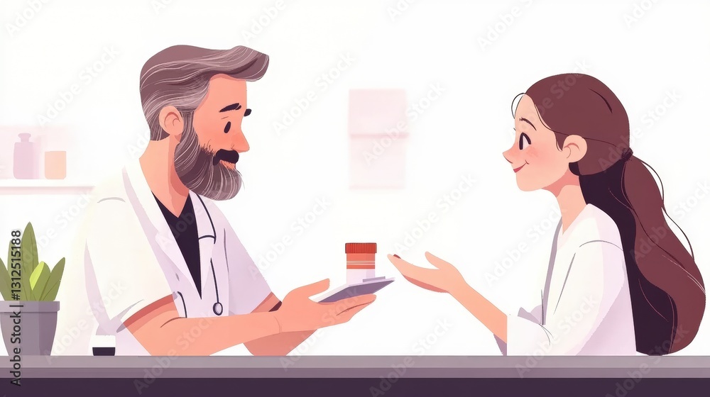 A digital illustration of a warm interaction between a doctor and a patient, as the doctor hands over a prescription bottle with a smile. A digital illustration of a warm interaction between a doctor and a patient, as the doctor hands over a prescription bottle with a smile.
