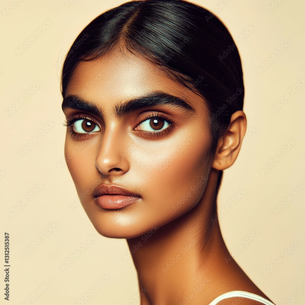 Naklejka premium Captivating portrait of a model with stunning features and natural makeup against a neutral background
