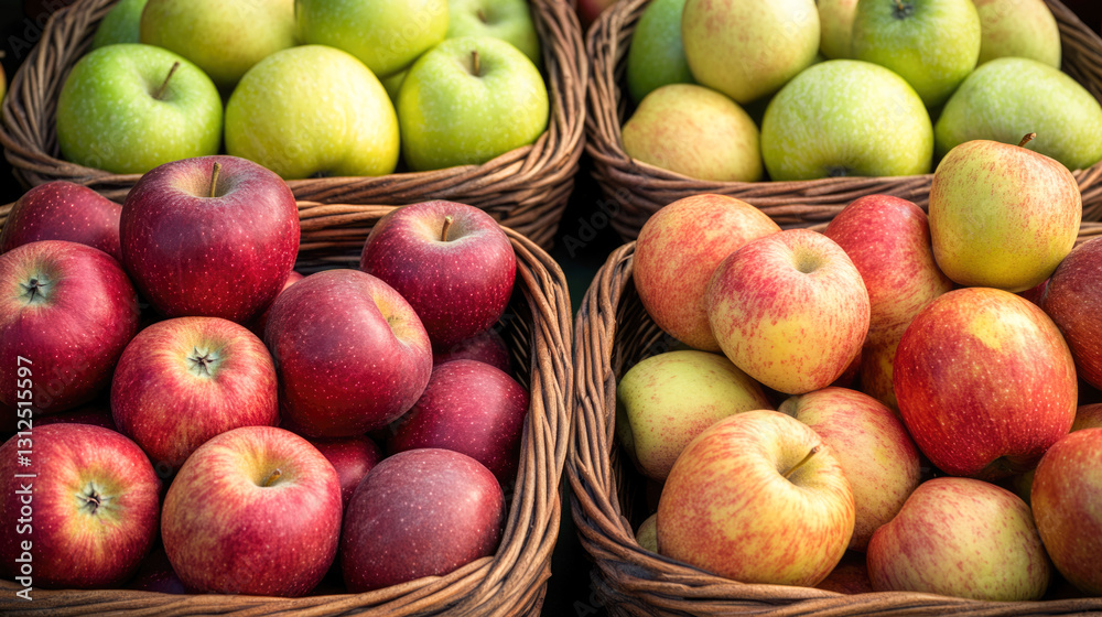 Variety of fresh apples in wicker baskets display at market stall Variety of fresh apples in wicker baskets display at market stall