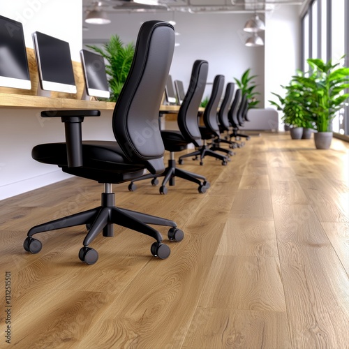 Modern open space office interior with black office chairs and desks in a contemporary workspace setting