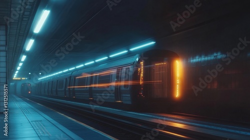 Fast-paced subway train urban transit station action scene nighttime long exposure movement and energy