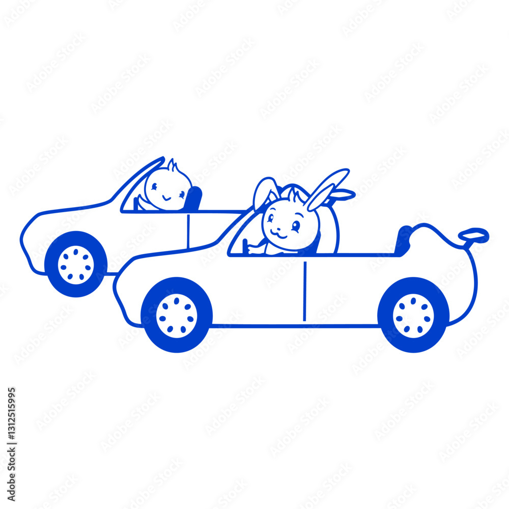 Fototapeta premium Rabbit Bird Chick 2 Driving Team Two Friends Cool Design Lover Art Vector Illustration Card T-Shirt Poster Sticker Graphic Print Decorative Drawing Isolated Logo Decoration Symbol Creative Cool Style