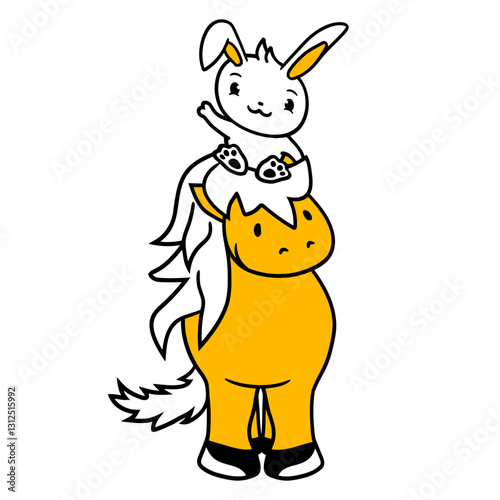 Bunny Horse Riding Rider Pony Horsey Waving Cute Design Lover Art Vector Illustration Card T-Shirt Poster Sticker Graphic Print Decorative Drawing Isolated Logo Decoration Symbol Creative Cool Style
