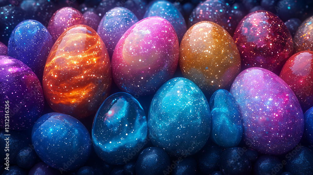 Fototapeta premium Easter eggs with a cosmic galaxy pattern in blue, purple, and orange shades. Suitable for marketing, social media, graphic design, greeting cards, and ads.
