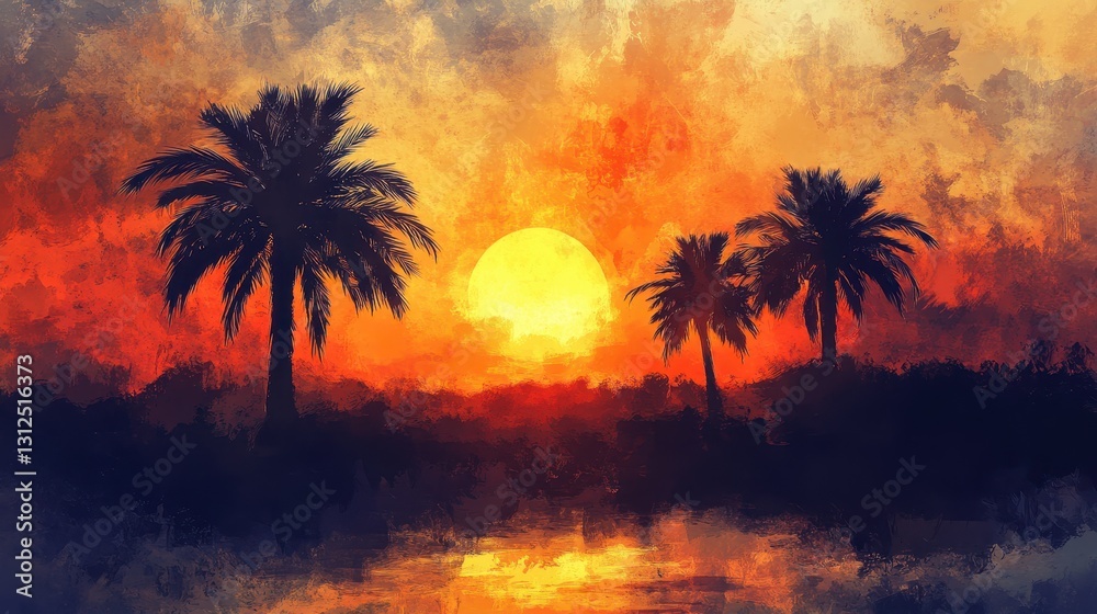 Naklejka premium A beautiful sunset with silhouettes of palm trees and water