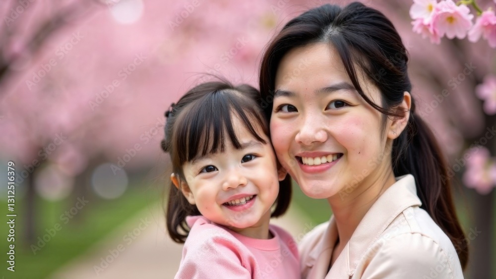 Asian mother and daughter enjoying cherry blossom in springtime park Asian mother and daughter enjoying cherry blossom in springtime park