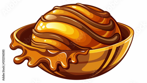 Of Floating chocolate truffle with molten caramel explosion isolated on white