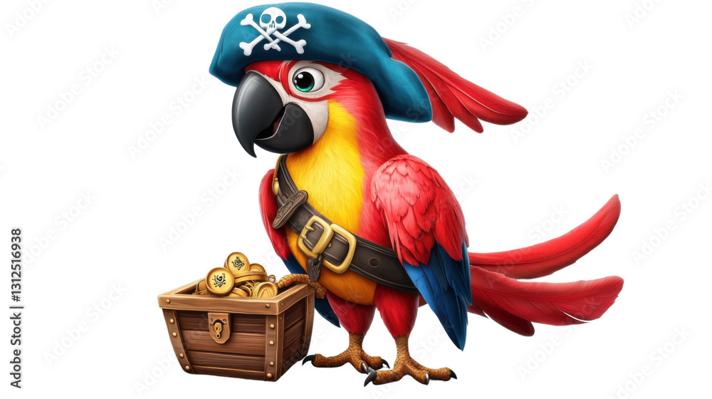 Naklejka premium Cheerful cartoon pirate parrot guarding treasure chest on transparent background