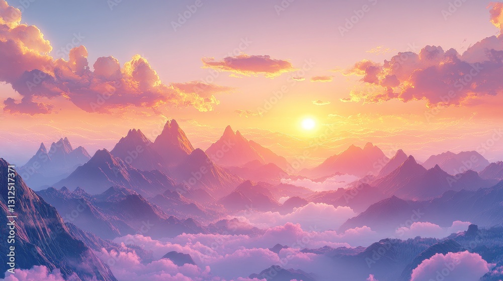 Obraz premium A beautiful sunset over the mountains and fluffy clouds