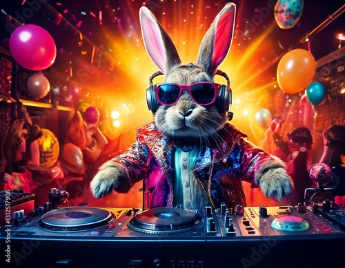 DJ Osterhase auf einer Party. AI Generated 