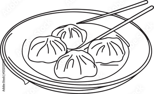 Line Drawing of Dumplings Served on a Plate - Vector Art