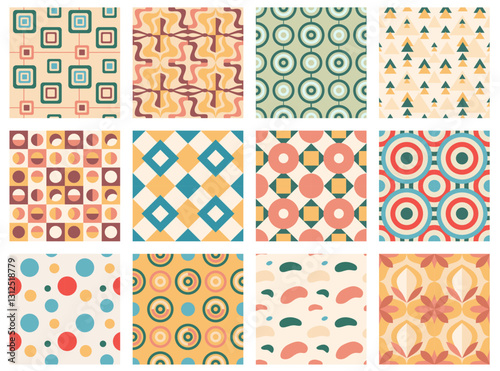 Colorful geometric patterns with modern design elements. Retro background vector illustration. Abstract vintage pattern with variety of geometric shapes and colors, circles, diamonds, squares