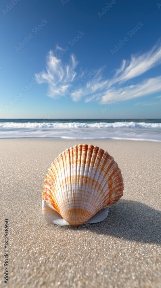 Beautiful seashell resting on soft sandy beach under blue sky with wispy clouds and gentle ocean waves in the background Beautiful seashell resting on soft sandy beach under blue sky with wispy clouds and gentle ocean waves in the background