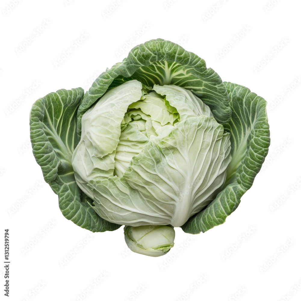 Fototapeta premium Fresh green cabbage on a transparent background showcasing its vibrant leaves and crisp texture, Cabbage vegetable food ingridient transparent background