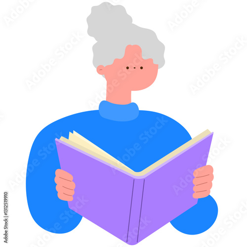 senior woman looking at an old photo album, memories and nostalgia flat vector illustration
