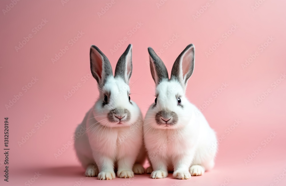 Obraz premium Two white rabbits sitting on pink background. Easter bunnies with fluffy fur. Small pets, domestic animals symbolising spring holidays, love, fertility. Cute hares with long ears. Adorable mammals.