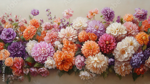 Wallpaper Mural A realistic oil painting of a vibrant floral arrangement, featuring lush dahlias, anemones Torontodigital.ca