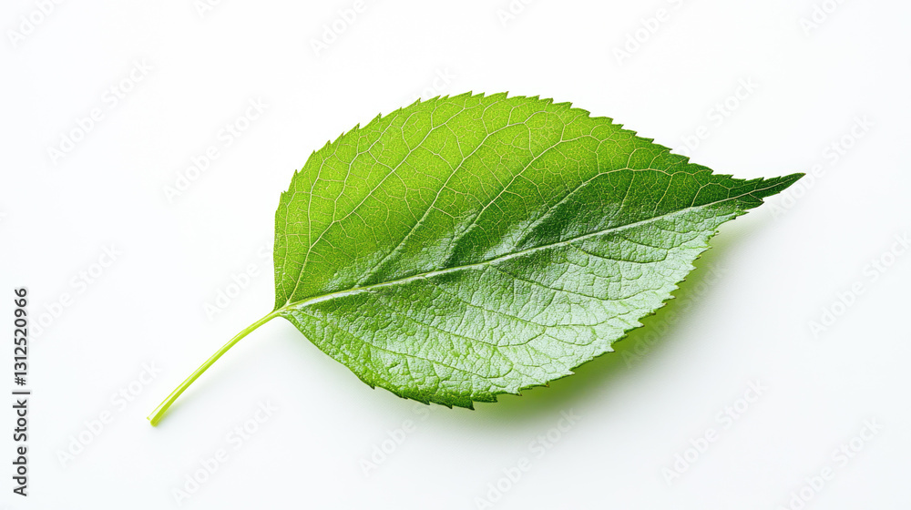 Fototapeta premium Close-up of vibrant green leaf on white background highlighting veins and texture