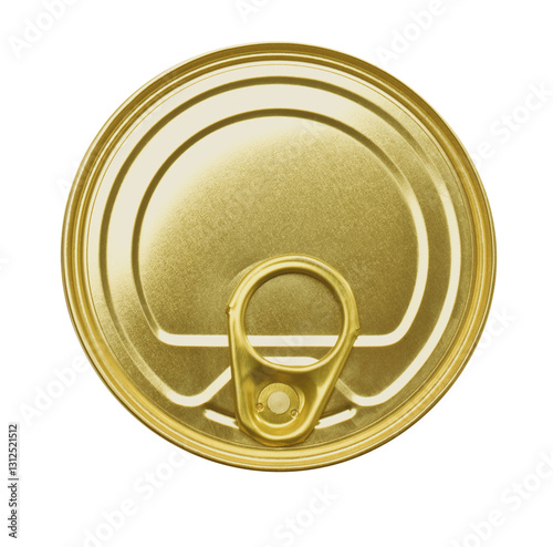 Golden metal can lid with ring pull tab on white background