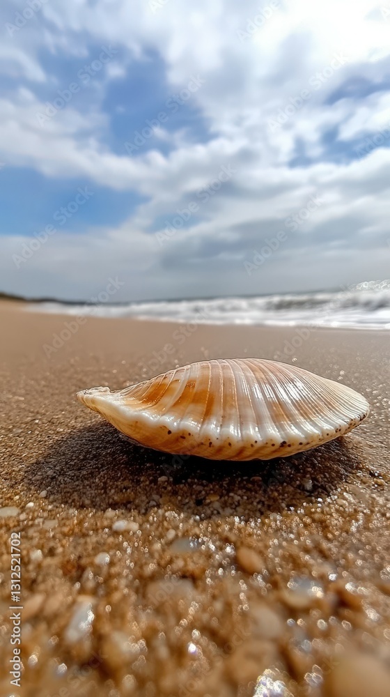 Seashell resting on sandy beach with gentle waves under cloudy sky during daylight Seashell resting on sandy beach with gentle waves under cloudy sky during daylight