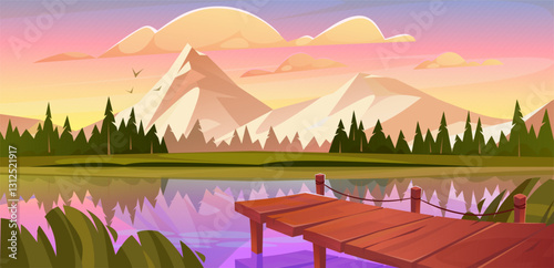 Stunning vector cartoon illustration of a serene lake at sunrise with mountains in the background and a wooden pier. Beautiful sunrise summer landscape with a pier on lake.