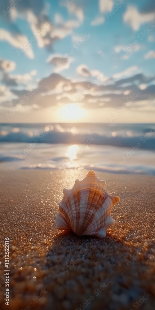 The breathtaking sunset casts a warm glow over the tranquil ocean waves, with a delicate seashell resting on the soft, sandy beach The breathtaking sunset casts a warm glow over the tranquil ocean waves, with a delicate seashell resting on the soft, sandy beach