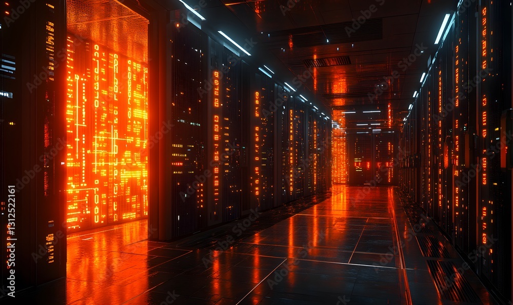 Fototapeta premium Futuristic server room with glowing data displays in vibrant orange color