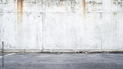 Concrete wall with weathered texture and asphalt ground