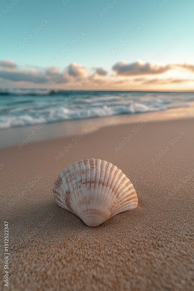 Shell resting on sandy beach as gentle waves lap at shore during sunset near ocean horizon Shell resting on sandy beach as gentle waves lap at shore during sunset near ocean horizon