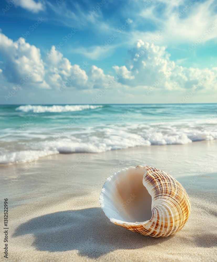 Beautiful seashell resting on sandy beach with calm waves under a bright blue sky Beautiful seashell resting on sandy beach with calm waves under a bright blue sky